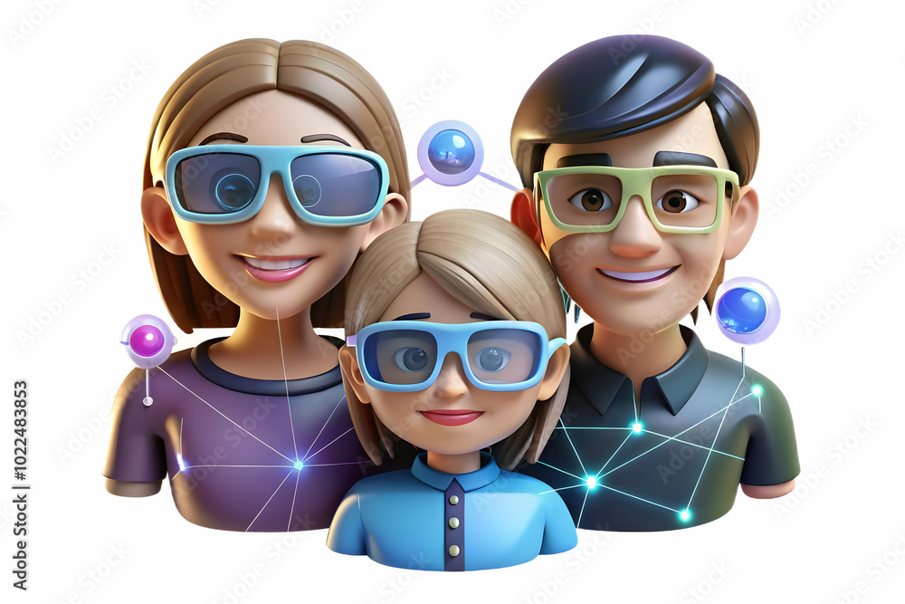 Close-Up of a Family Enjoying Augmented Reality Glasses with Interconnected Holograms - Capturing Shared Experiences and Connections in a Modern AR Setting Close-Up of a Family Enjoying Augmented Reality Glasses with Interconnected Holograms - Capturing Shared Experiences and Connections in a Modern AR Setting
