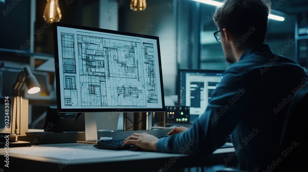 Professional at Work with Blueprints on Screen Professional at Work with Blueprints on Screen