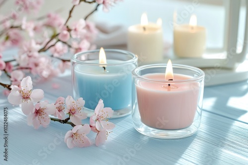 beautiful spring composition with relax spa candle and cherry blossom flowers