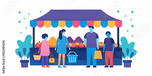 Soft Abstract Family Exploring Farmers Market - Bokeh Lighting Effects in Vibrant Scene with Fresh Produce and Communal Atmosphere
