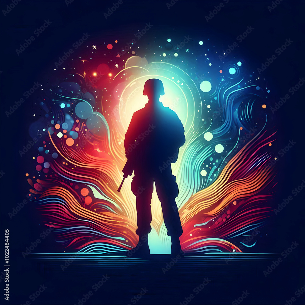 Flat Glowing Silhouette of a Soldier in Abstract Colorful Background - Digital Art Symbolizing Bravery and Honor on Hari Pahlawan with Vibrant Light Effects Flat Glowing Silhouette of a Soldier in Abstract Colorful Background - Digital Art Symbolizing Bravery and Honor on Hari Pahlawan with Vibrant Light Effects