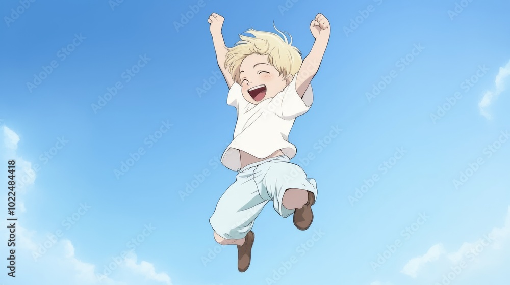 Joyful little blonde boy in a white t-shirt and blue pants, smiling and jumping with happiness against a light sky background. Joyful little blonde boy in a white t-shirt and blue pants, smiling and jumping with happiness against a light sky background.