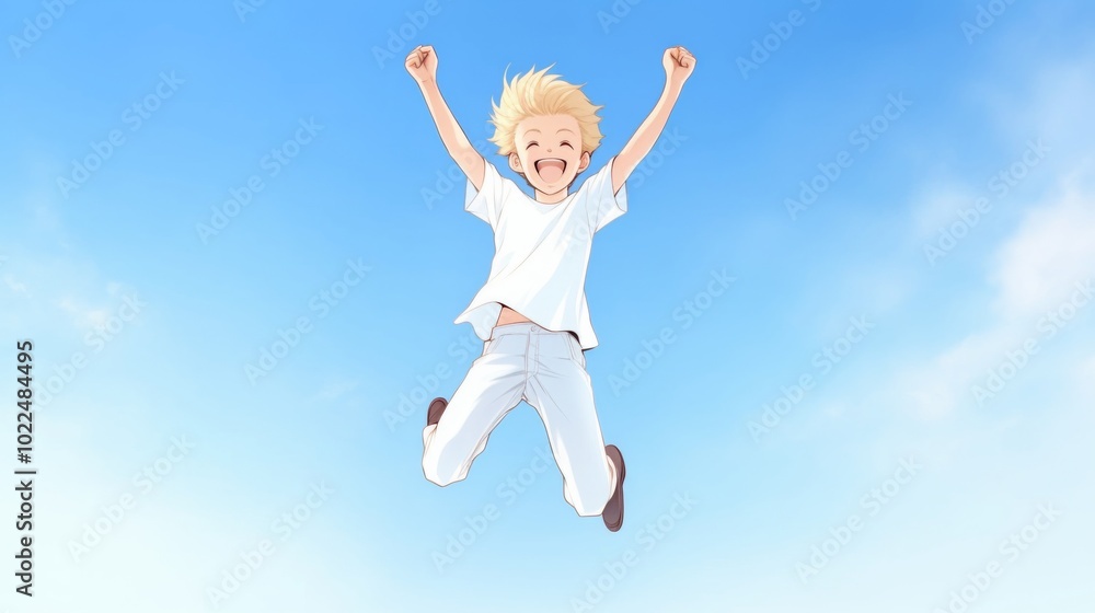 Joyful little blonde boy in a white t-shirt and blue pants, smiling and jumping with happiness against a light sky background. Joyful little blonde boy in a white t-shirt and blue pants, smiling and jumping with happiness against a light sky background.
