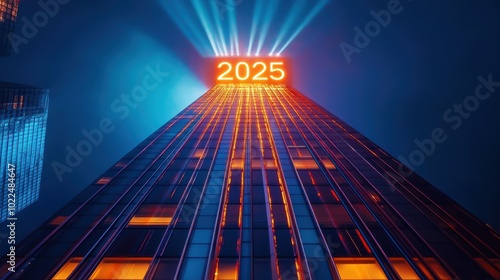 Wallpaper Mural A glowing "2025" at the top of a corporate building, with light beams radiating out, symbolizing business success and reaching new heights. Happy New Year concept, resolution, new era, opportunities Torontodigital.ca