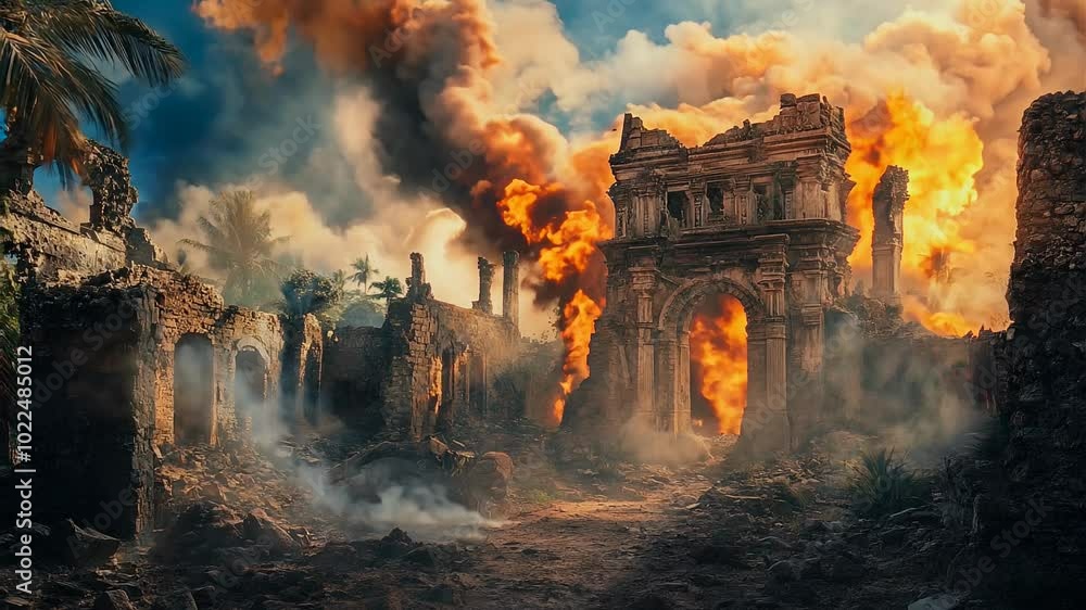 Ancient Ruins Ablaze with Intense Flames and Smoke