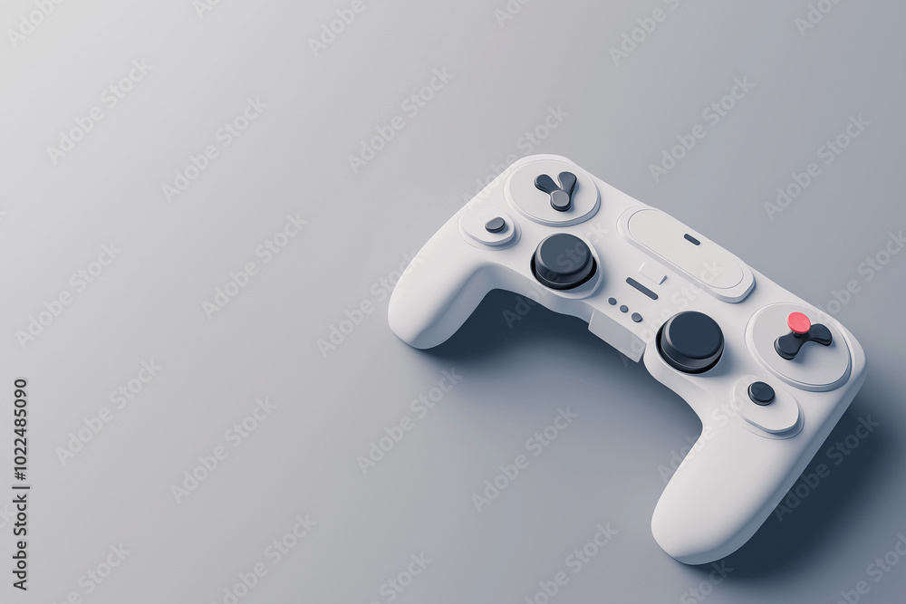 White gaming controller with buttons placed on grey surface. White gaming controller with buttons placed on grey surface.
