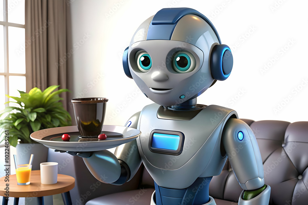 Macro Image of Futuristic Robot Assistant Serving a Beverage in Cozy Living Room - Advanced Technology Providing Convenience and Comfort at Home in Photo Stock Concept Macro Image of Futuristic Robot Assistant Serving a Beverage in Cozy Living Room - Advanced Technology Providing Convenience and Comfort at Home in Photo Stock Concept