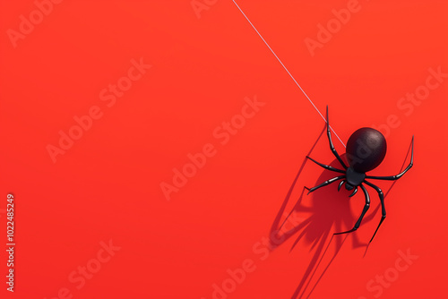Black spider casting shadow on vibrant red background surface