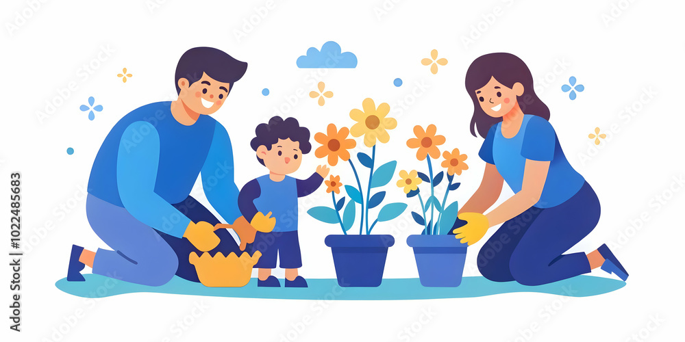 Family Bonding in the Garden: A Joyful Scene of Planting Flowers Together Against a Plain Background � Perfect for Nature and Family Togetherness Promotions Family Bonding in the Garden: A Joyful Scene of Planting Flowers Together Against a Plain Background � Perfect for Nature and Family Togetherness Promotions