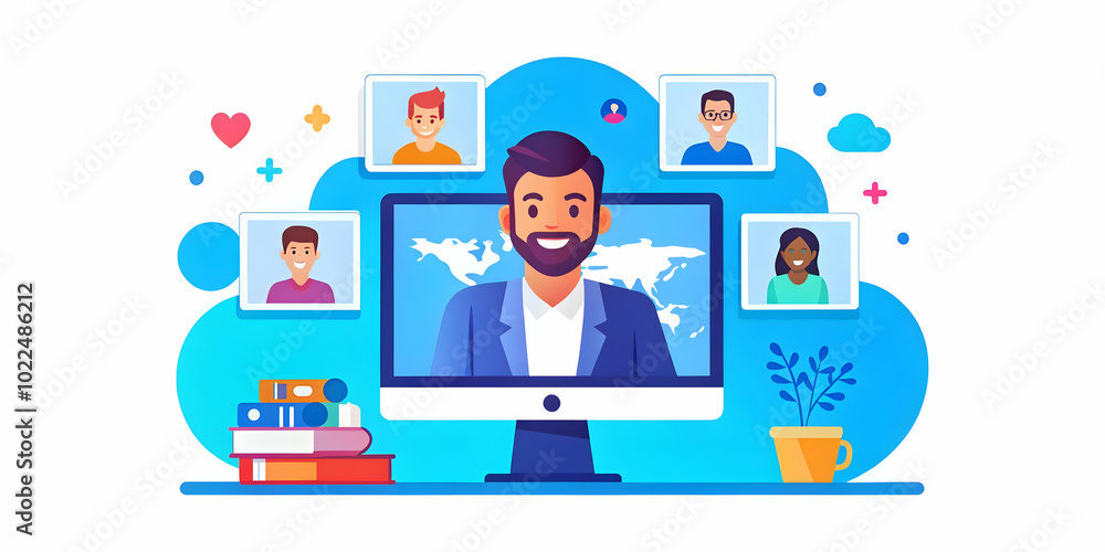 Candid Image of a Man in a Virtual Meeting with Diverse International Colleagues: Happy Global Collaboration from Home Desk in Photo Stock Concept Candid Image of a Man in a Virtual Meeting with Diverse International Colleagues: Happy Global Collaboration from Home Desk in Photo Stock Concept