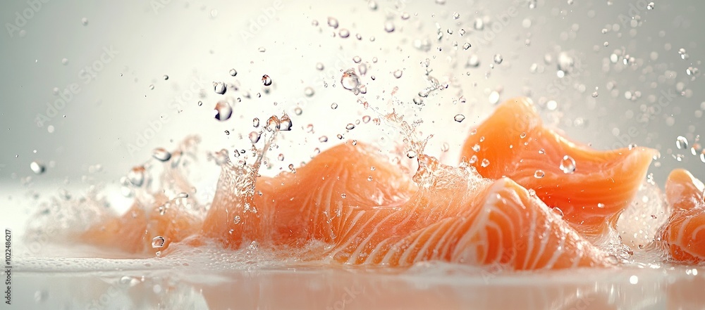 A high-speed action shot of fresh salmon fillets being shattered by an explosion A high-speed action shot of fresh salmon fillets being shattered by an explosion