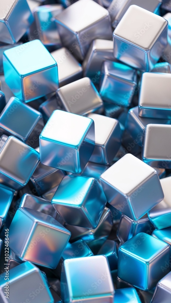 Floating cubes in holographic blue and silver tones background for invitation or card screensaver