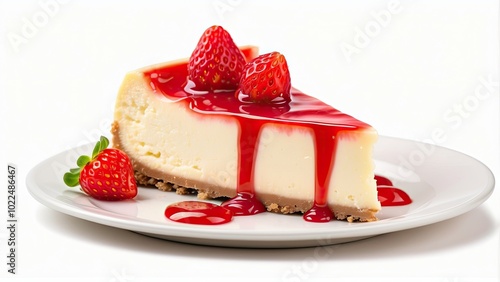  A slice of creamy cheesecake with a strawberry topping, delicate texture and vibrant color, isolated on white background.-