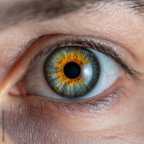 Close Up of Human Eye with Green Iris and Yellow Pupil