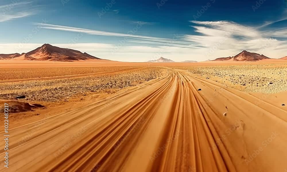 expansive desert landscape with tire tracks stretching into the distance under a clear blue sky. The scene captures the vastness and desolation of the sandy terrain, with distant mountains expansive desert landscape with tire tracks stretching into the distance under a clear blue sky. The scene captures the vastness and desolation of the sandy terrain, with distant mountains