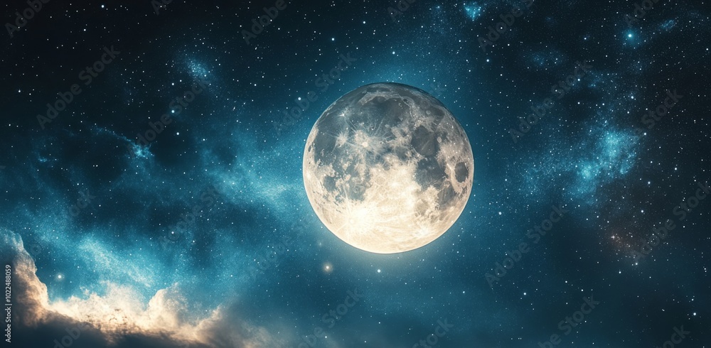 Fototapeta premium Full moon against a backdrop of space, with stars and galaxies twinkling in the night sky.
