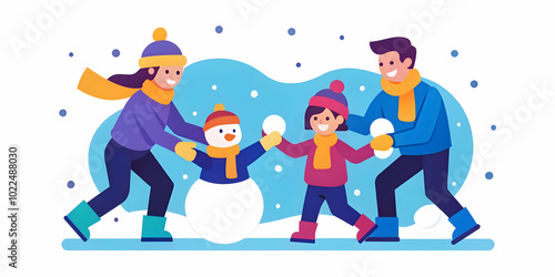 Candid Family Fun in the Snow: Joyful Moments of Snowball Fights and Snowman Building During Winter Playtime