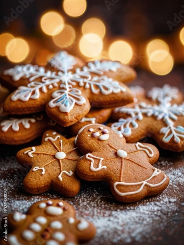 Colorful Christmas gingerbread cookies. Close-up, blurred background with twinkling lights