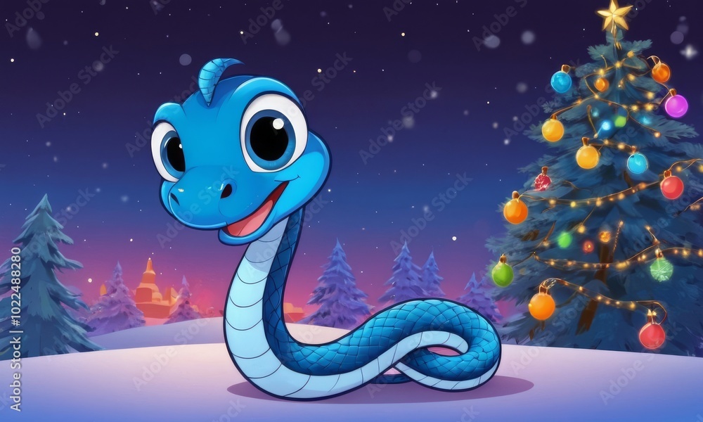 Fototapeta premium Cute green snake, symbol of 2025 according to the eastern calendar. The snake symbolizes wisdom, vitality, immortality, and healing powers. New Year card