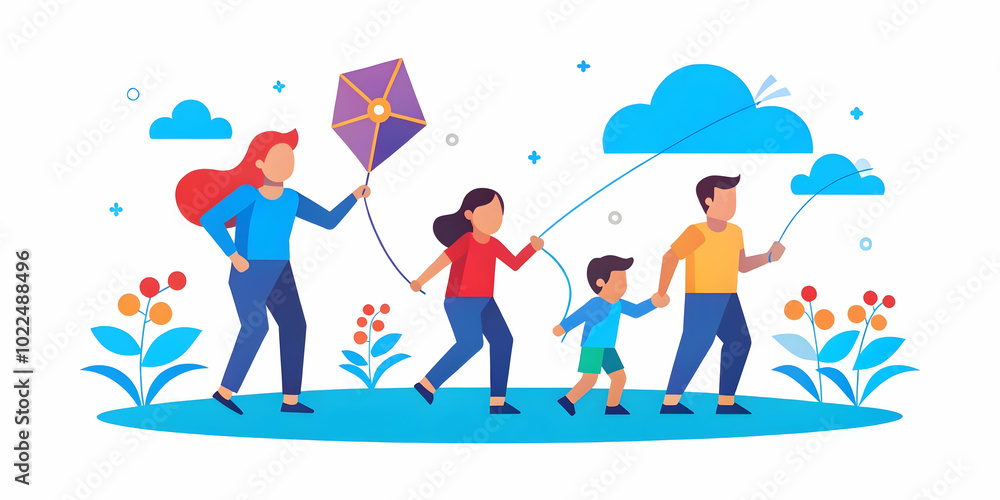Family Kite Flying in Open Field: Joyful Outdoor Scene with Plain Background for Stock Photo, Ideal for Family Day Concepts Family Kite Flying in Open Field: Joyful Outdoor Scene with Plain Background for Stock Photo, Ideal for Family Day Concepts