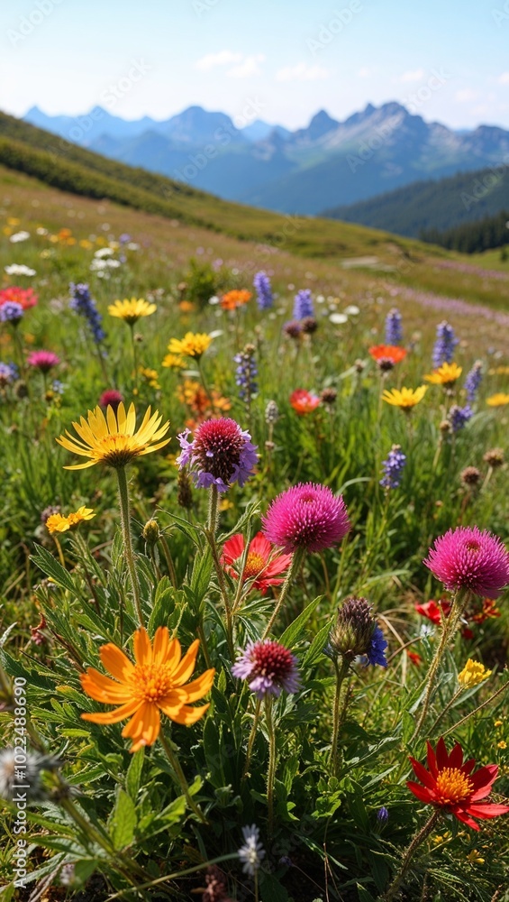Fototapeta premium Mountain meadow with colorful wildflowers and distant peaks background for invitation or card screensaver