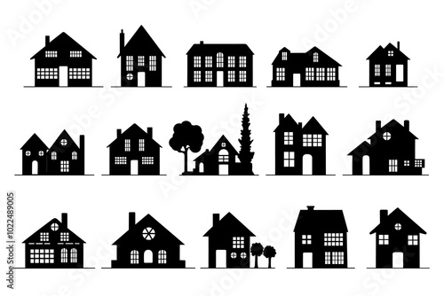 Silhouette of houses in neighborhood. Set of houses on suburban street. Countryside cottage homes. vector illustration.