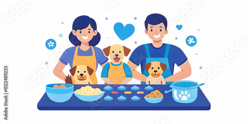 Candid Family Baking Treats for Pets in Kitchen: Joyful Moments of Love and Care in Family Life with Pets - Heartwarming Stock Photo Concept