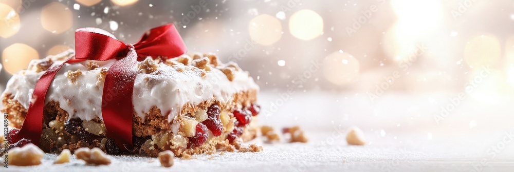 Festive Fruitcake with Red Ribbon and Holiday Decor Festive Fruitcake with Red Ribbon and Holiday Decor