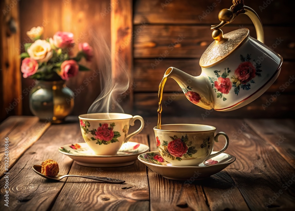 Fototapeta premium Vintage Floral Teapot with Steamy Cup of Tea in Nostalgic Kitchen Setting for Cozy Home Decor