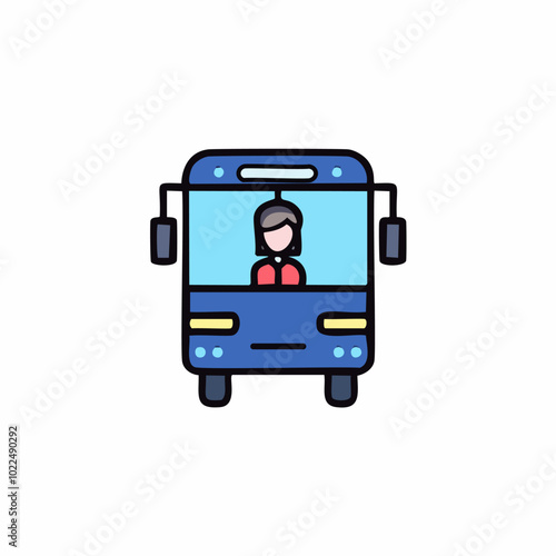 Bus flat icon with woman driver. Blue buses vector illustration.