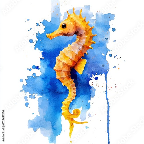 Watercolor painting of a seahorse flying through a bright blue sky, on isolated white background photo