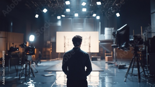 An actor quietly rehearsing lines on an empty movie set, showcasing a reflective and focused preparation process for a role. photo