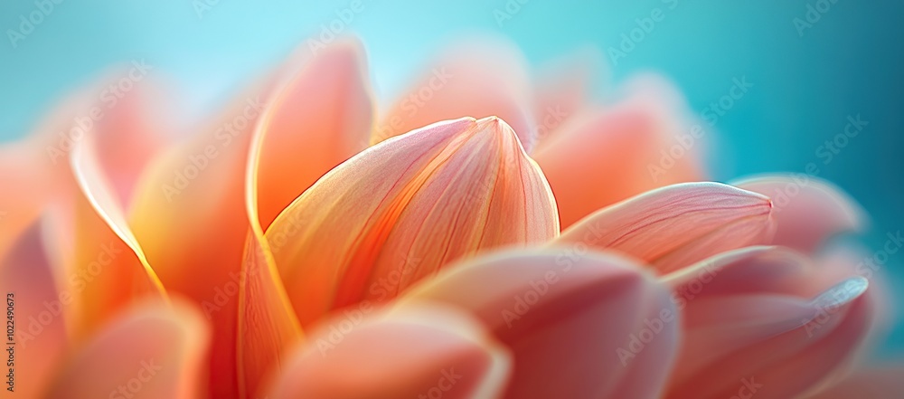 A macro shot of an orange and pink flower, with the petals gently blurring into a blue background A macro shot of an orange and pink flower, with the petals gently blurring into a blue background
