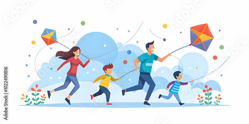 Soft Focused Digital Art of Family Flying Kites in Open Field - Dynamic Scene with Bokeh Light Effects, Capturing Joy and Togetherness in a Vast Sky