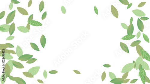 Leaves Vector White Background Illustration. Fresh Greens Template. Grassy Leaf Brochure, Green flying leaves wave,nature Day