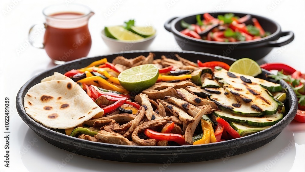 sizzling plate of fajitas with grilled vegetables and tortillas on the side, colorful and steaming, isolated on white background.- sizzling plate of fajitas with grilled vegetables and tortillas on the side, colorful and steaming, isolated on white background.-