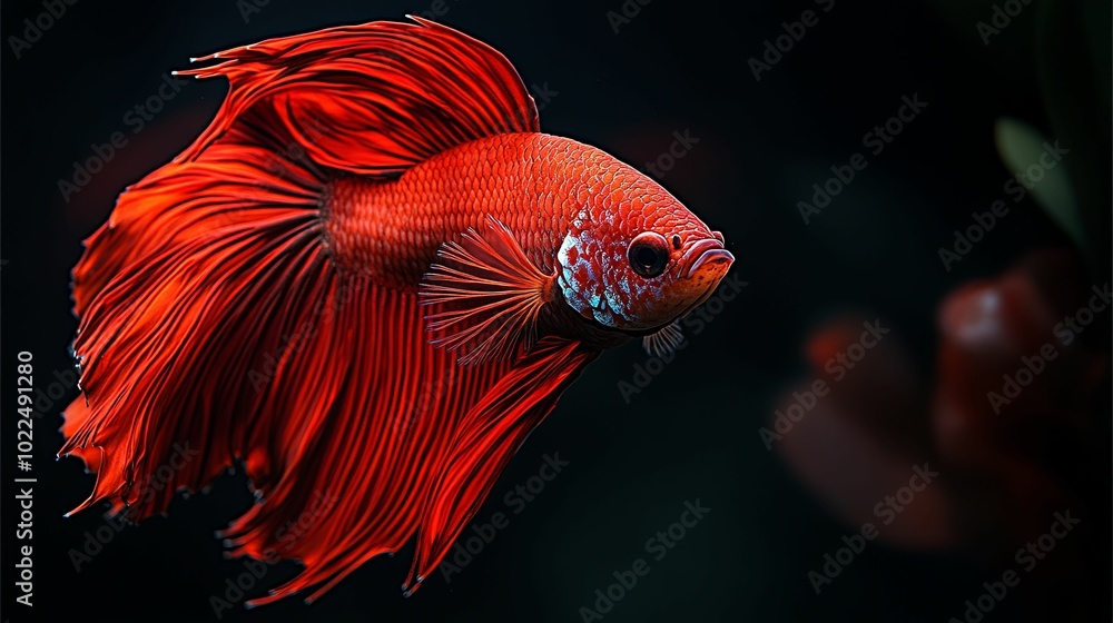 A Vibrant Red Betta Fish with a Long, Flowing Fin A Vibrant Red Betta Fish with a Long, Flowing Fin