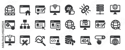 Website glyph solid icons collection. Containing programming, web design, web development, coding. Minimal icon and symbol series vector illustration