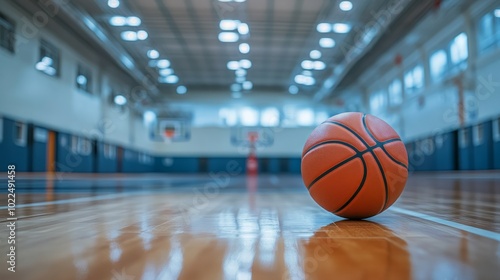 A basketball rests on the hardwood court of an empty gymnasium, ready for the next game.