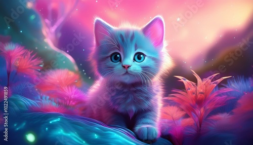 Baby animal in fantasy background with luminescent plants - cat