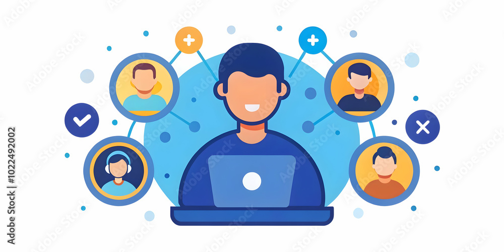Abstract Digital Art of a Person Surrounded by Floating Remote Work Icons - Creative Illustration Depicting Happiness and Connectivity of Working from Home with Bokeh Effects Abstract Digital Art of a Person Surrounded by Floating Remote Work Icons - Creative Illustration Depicting Happiness and Connectivity of Working from Home with Bokeh Effects