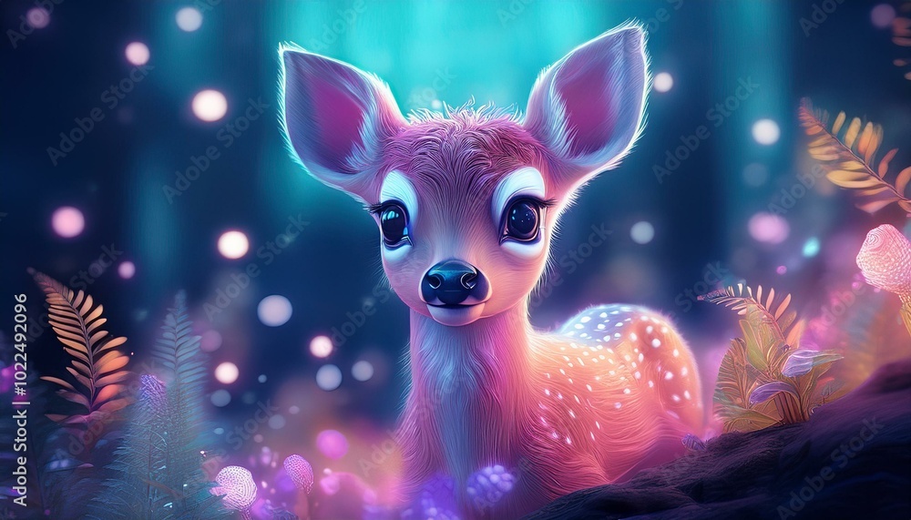 Baby animal in fantasy background with luminous plants - deer Baby animal in fantasy background with luminous plants - deer