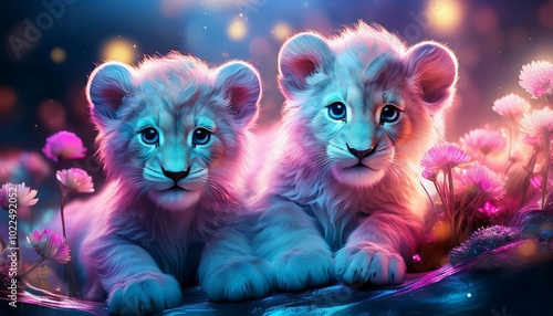 Baby animals in fantasy background with luminous plants - lions