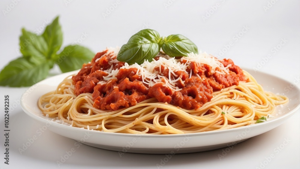 A plate of classic Italian spaghetti with marinara sauce, garnished with Parmesan cheese and basil, isolated on white background.- A plate of classic Italian spaghetti with marinara sauce, garnished with Parmesan cheese and basil, isolated on white background.-