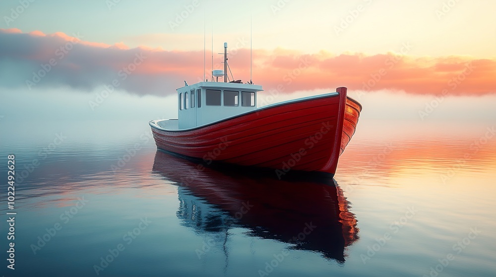 Naklejka premium Red Boat at Sunset on Calm Waters