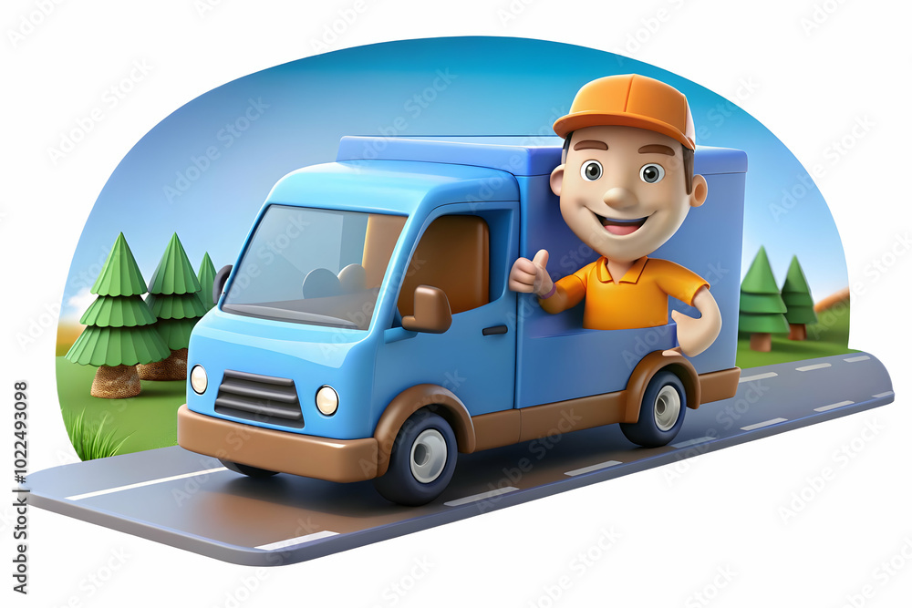 Smiling Delivery Driver Embracing Open Road Freedom: Wide Angle Photo of Delivery Van Driving under Clear Blue Skies with Scenic Landscape Smiling Delivery Driver Embracing Open Road Freedom: Wide Angle Photo of Delivery Van Driving under Clear Blue Skies with Scenic Landscape