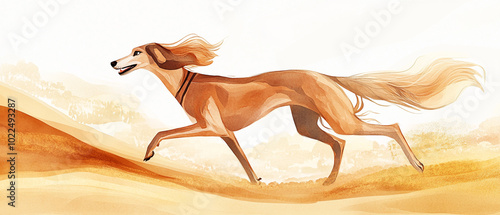 Saluki Dog Gracefully Running Along A Desert Dune