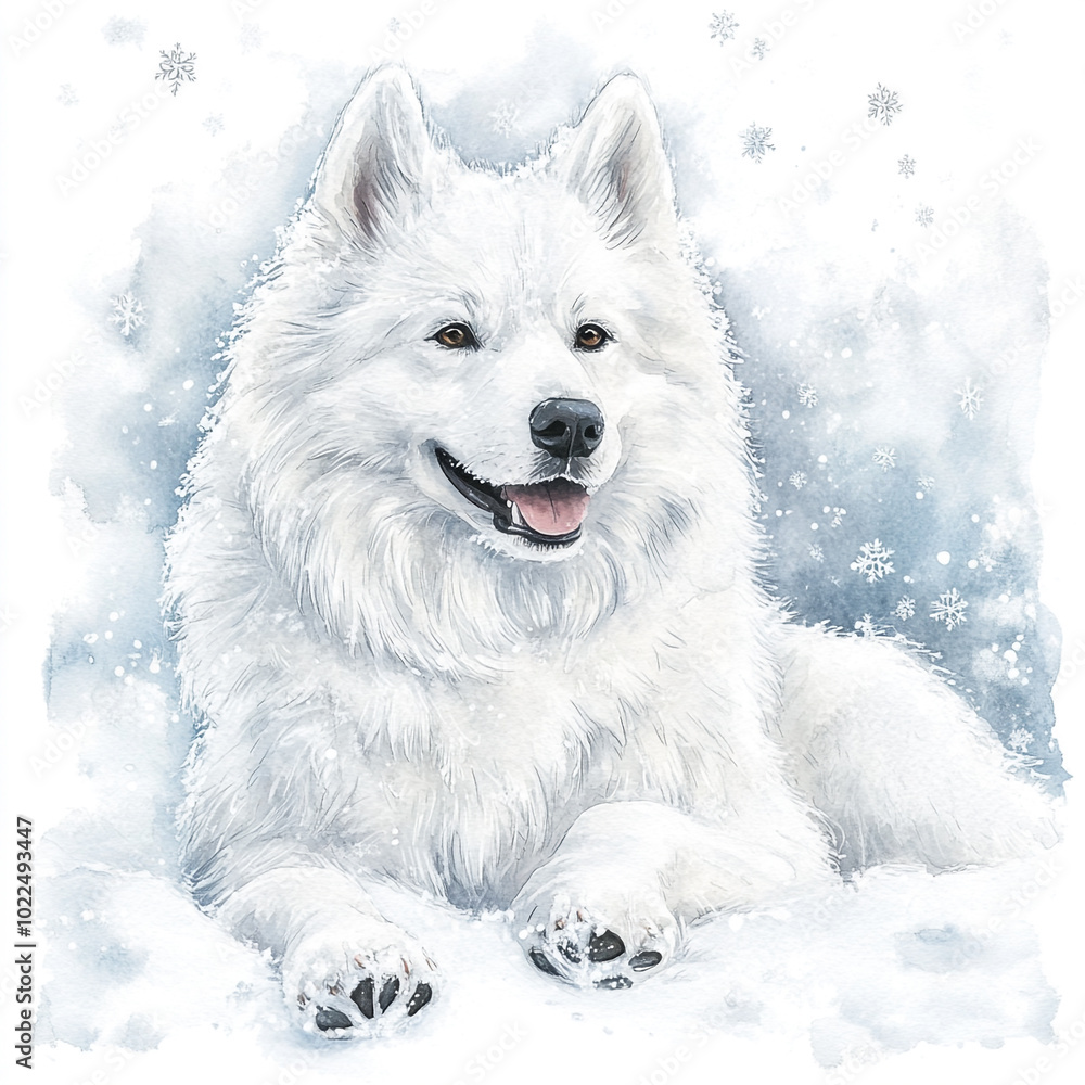 Obraz premium Samoyed Dog Playing In The Snow With Snowflakes On