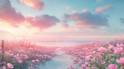 A path through a field of pink flowers leads to the ocean at sunset.