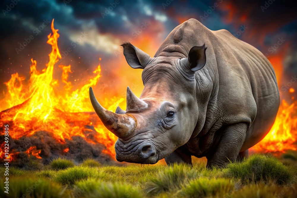 Fototapeta premium Vintage Style Photography of a Rhino Lying in Flames - Unique Wildlife Imagery